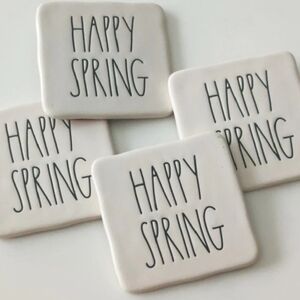 Rae Dunn White Coaster "HAPPY SPRING" with Black LL Set Of Four New See